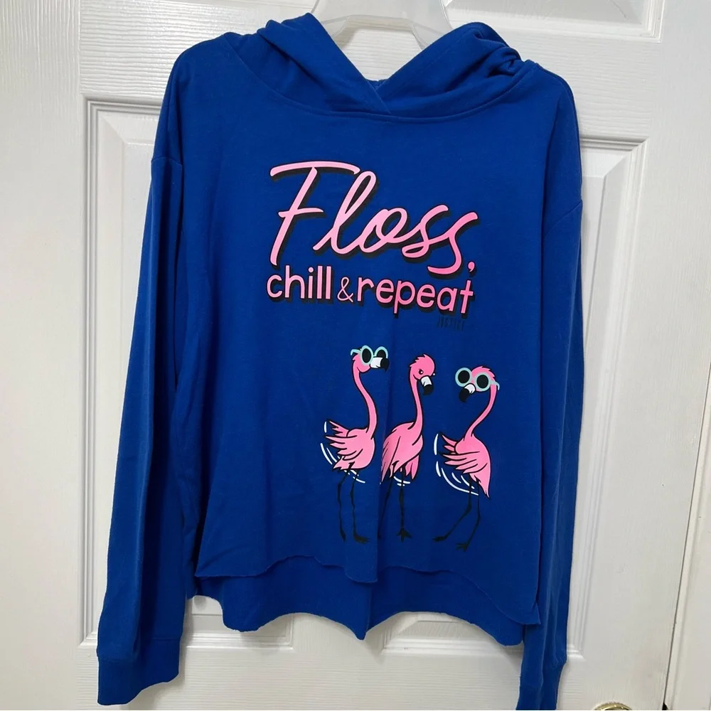 Justice Active Girls Size 18 Plus Blue Pullover Hoodie Sweatshirt Pink Flamingos